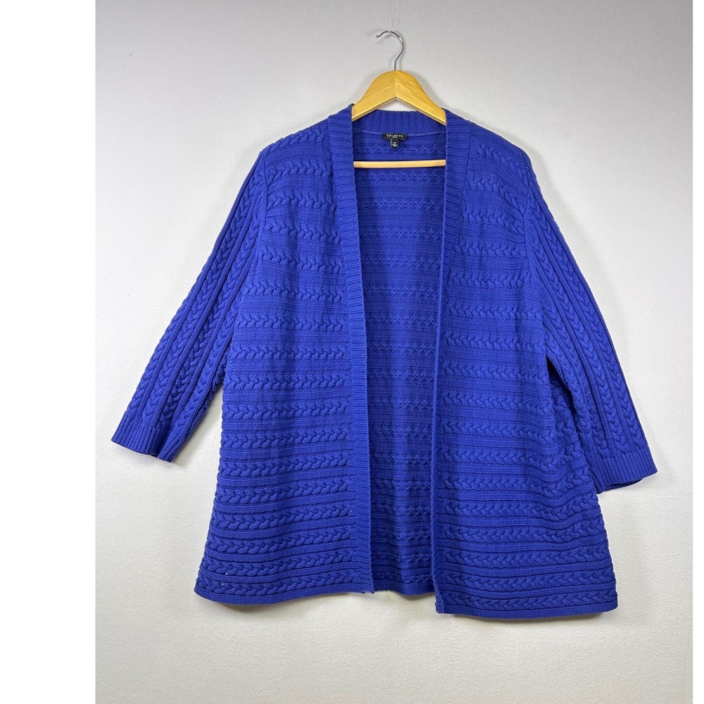 Coastal Layering Talbots Cable Knit Cardigan Women 1X Blue Open Front 100%Cotton